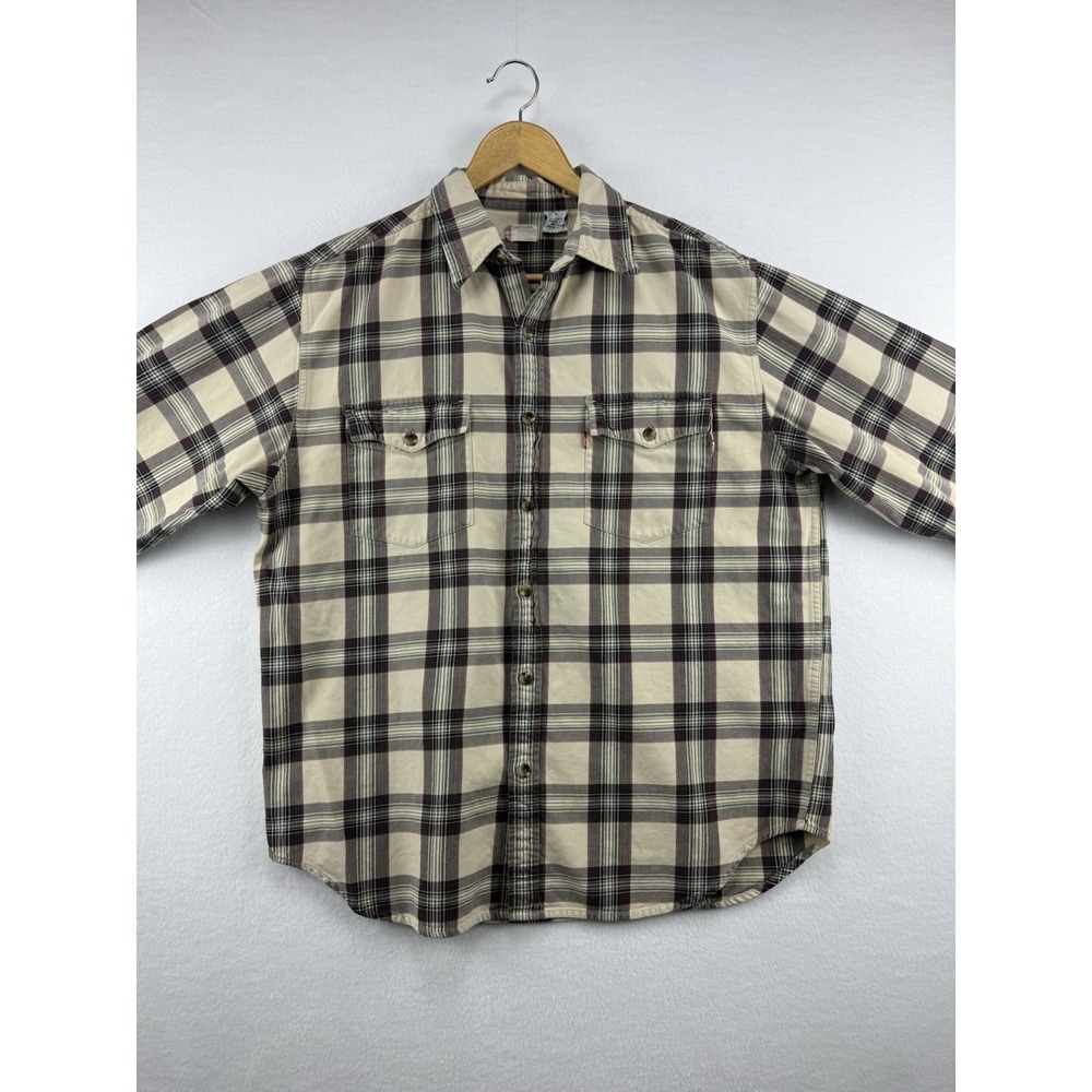 Levis Mens Large Plaid Long Sleeve Button Down Cotton Shirt Pockets Western